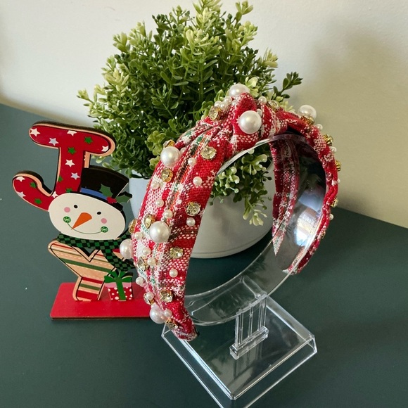 Festive Red Plaid Top Knot Headband with Pearls #1 - Picture 3 of 4